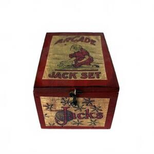 Vintage Arcade Manufacturing Company wooden jack set box with decorative labels
